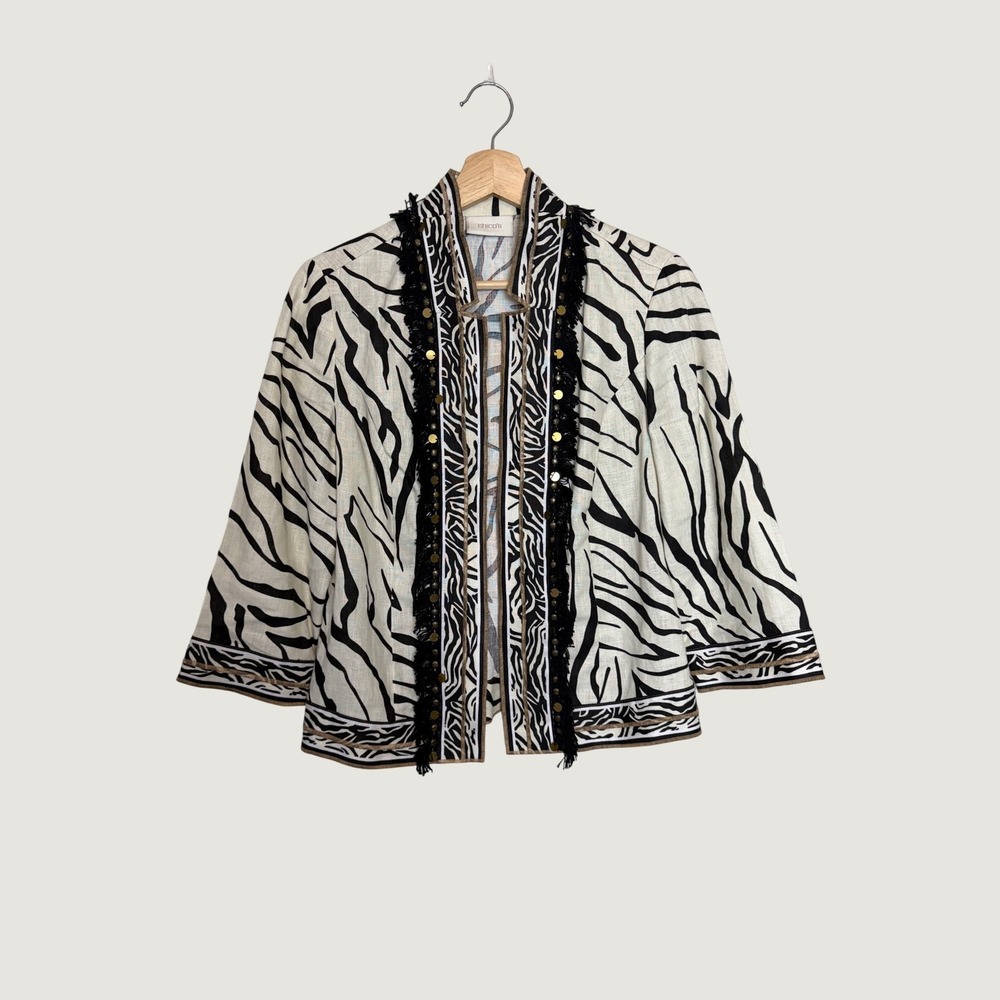 Chicos Zebra Print Linen Jacket White Black Fringe Embellished 4501202‎